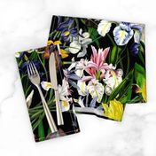 18" nostalgic Pierre-Joseph Redouté - Iris Flowers Bunches on black, Mystic Night dark moody floral 32 Vintage home decor, antique wallpaper,