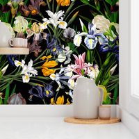 18" nostalgic Pierre-Joseph Redouté - Iris Flowers Bunches on black, Mystic Night dark moody floral 32 Vintage home decor, antique wallpaper,