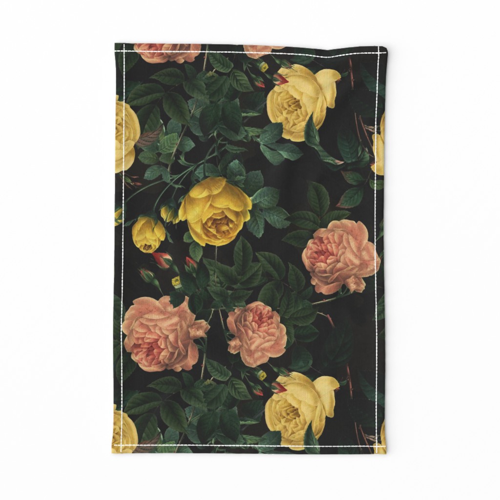 Mystic Nostalgic Yellow And Coral Pierre-Joseph Redouté Flowers, Antique Bloom Bouquets, Vintage Home Decor,   English Rose Springflowers Fabric - black 