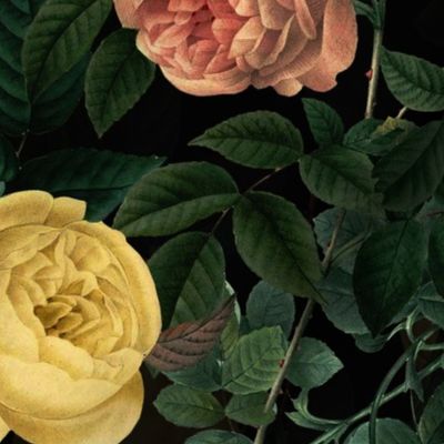Mystic Nostalgic Yellow And Coral Pierre-Joseph Redouté Flowers, Antique Bloom Bouquets, Vintage Home Decor,   English Rose Springflowers Fabric - black 