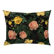 Mystic Nostalgic Yellow And Coral Pierre-Joseph Redouté Flowers, Antique Bloom Bouquets, Vintage Home Decor,   English Rose Springflowers Fabric - black 