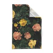 Mystic Nostalgic Yellow And Coral Pierre-Joseph Redouté Flowers, Antique Bloom Bouquets, Vintage Home Decor,   English Rose Springflowers Fabric - black 