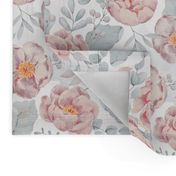 18" pink rose blush florals and gray leaves pastel pink 