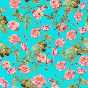 18"  Mystic Nostalgic Pink Pierre-Joseph Redouté Flowers, Blue Iris Antique Bloom Bouquets, Vintage Home Decor,   English Rose Springflowers Fabric, teal