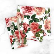 10" Mystic Nostalgic Peach And Red Roses Flowers, Antique Bloom Bouquets, Vintage Home Decor,   English Rose Fabric  - white