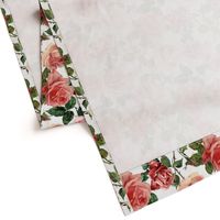 10" Mystic Nostalgic Peach And Red Roses Flowers, Antique Bloom Bouquets, Vintage Home Decor,   English Rose Fabric  - white