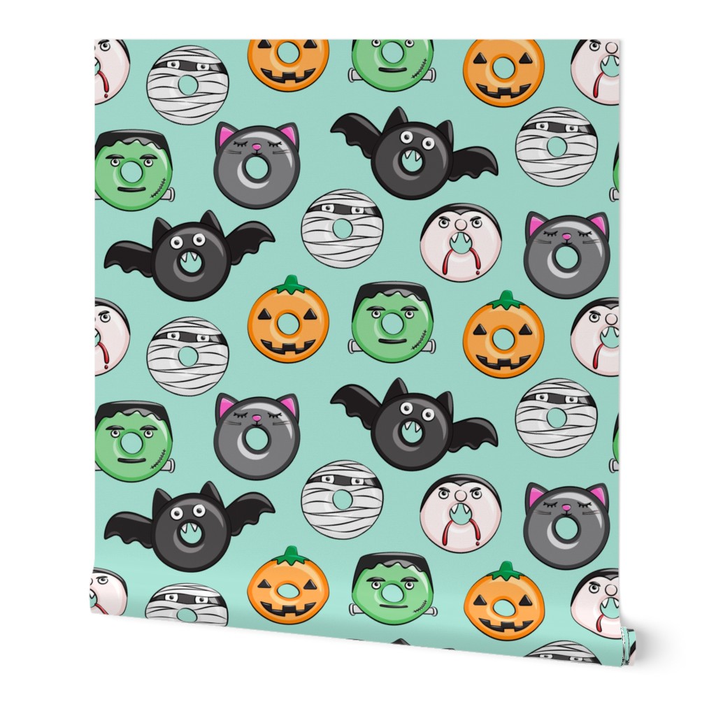 halloween donut medley - teal - monsters pumpkin frankenstein black cat Dracula 