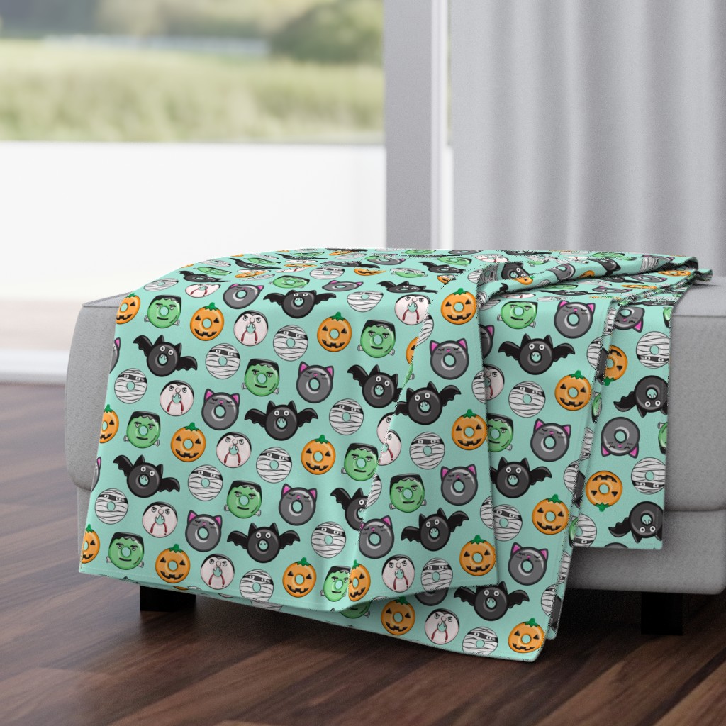 halloween donut medley - teal - monsters pumpkin frankenstein black cat Dracula 