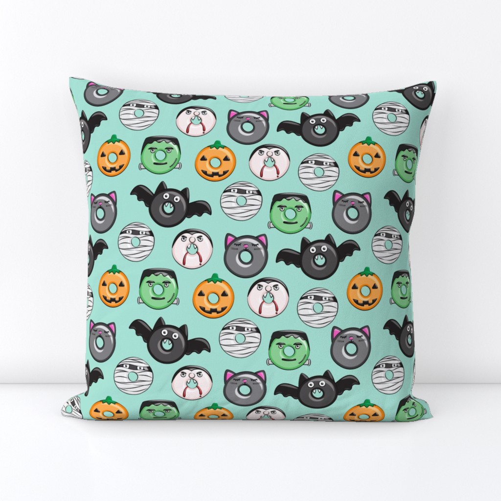 halloween donut medley - teal - monsters pumpkin frankenstein black cat Dracula 