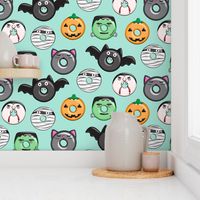 halloween donut medley - teal - monsters pumpkin frankenstein black cat Dracula 