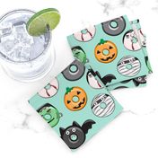 halloween donut medley - teal - monsters pumpkin frankenstein black cat Dracula 