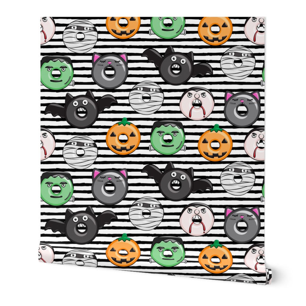 halloween donut medley - black stripes - monsters pumpkin frankenstein black cat Dracula 