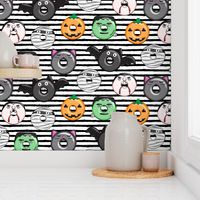 halloween donut medley - black stripes - monsters pumpkin frankenstein black cat Dracula 