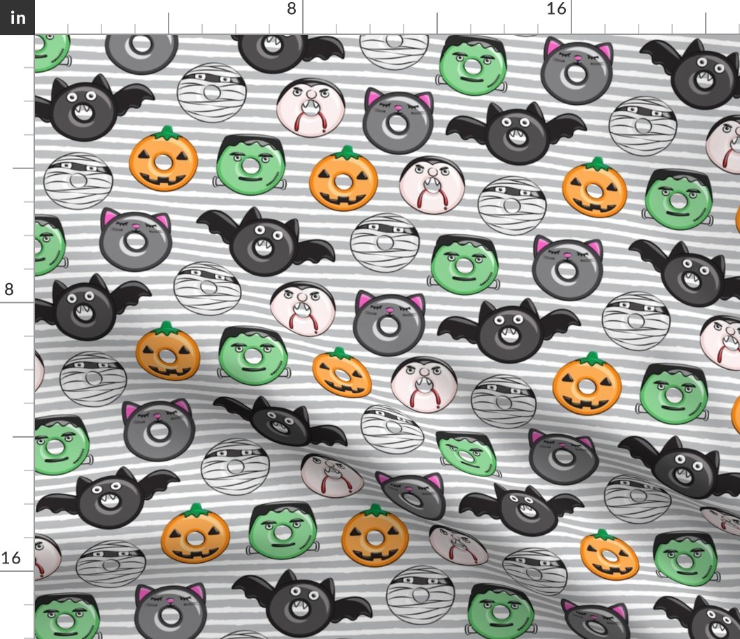 halloween donut medley - grey stripes - monsters pumpkin frankenstein black cat Dracula 