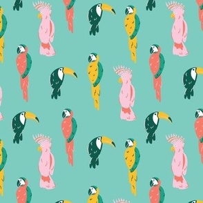 SMALL Tropical birds pattern: cockatoo, parrot and toucan