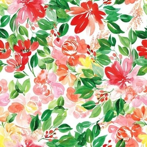 Floral watercolor pattern in pink, red and green foliage
