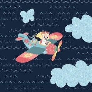 Nomi & Brave Fly an Airplane - navy background