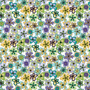 Funky Fantasy Flowers - Cool Spring on White (Ditsy)