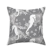 White Seahorse and Starfish on Gray