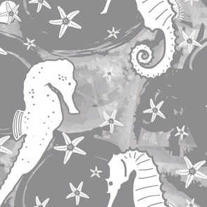 White Seahorse and Starfish on Gray