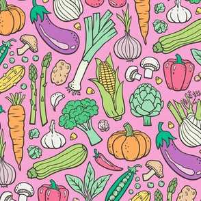 Vegetables Food Doodle on Pink Smaller