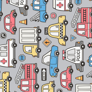 Cars Vehicles Doodle fabric Blue Red Yellow on Grey Larger Rotated