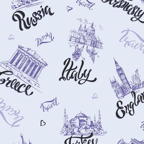 Countries and cities. Lettering. Sketches. Landmarks.  Travel. Russia, Greece, Turkey, Italy, Germany. 