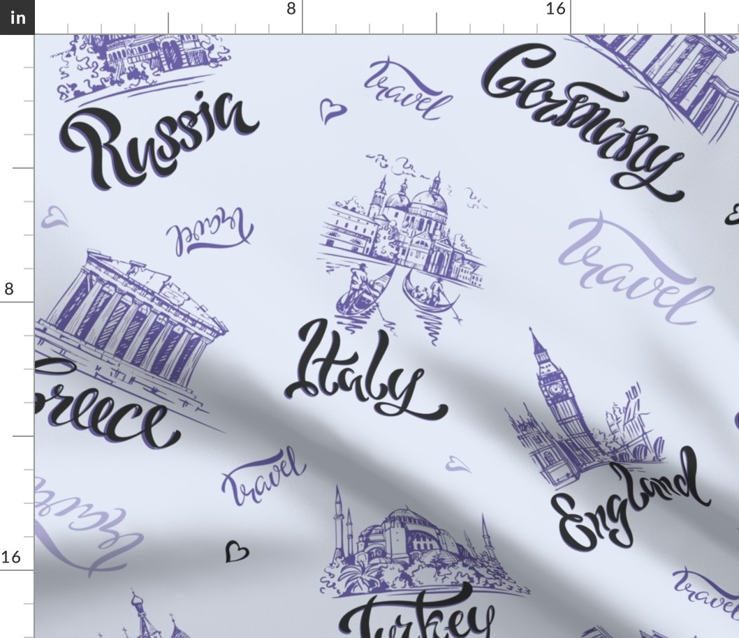 Countries and cities. Lettering. Sketches. Landmarks.  Travel. Russia, Greece, Turkey, Italy, Germany. 