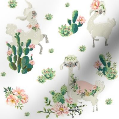 8" Cactus Floral Llama - White