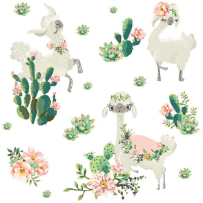 36" Cactus Floral Llama - White