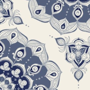 Doodled Floral Mandala in Grey Blue and Cream - large version
