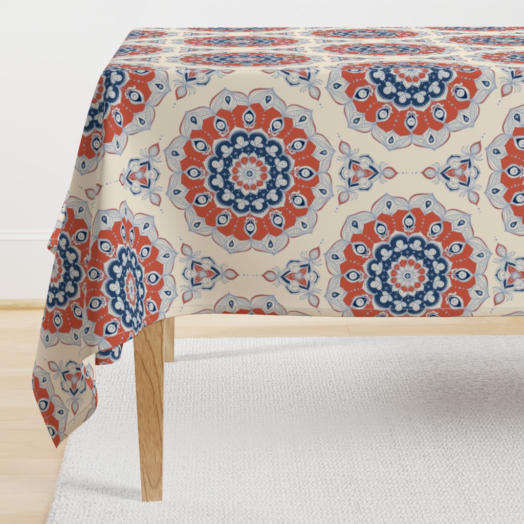 Doodled Floral Mandala in Red, Blue and Cream - large version