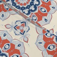 Doodled Floral Mandala in Red, Blue and Cream - large version