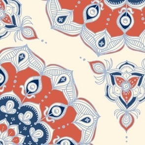 Doodled Floral Mandala in Red, Blue and Cream - large version