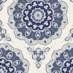 Doodled Floral Mandala in Grey Blue and Cream
