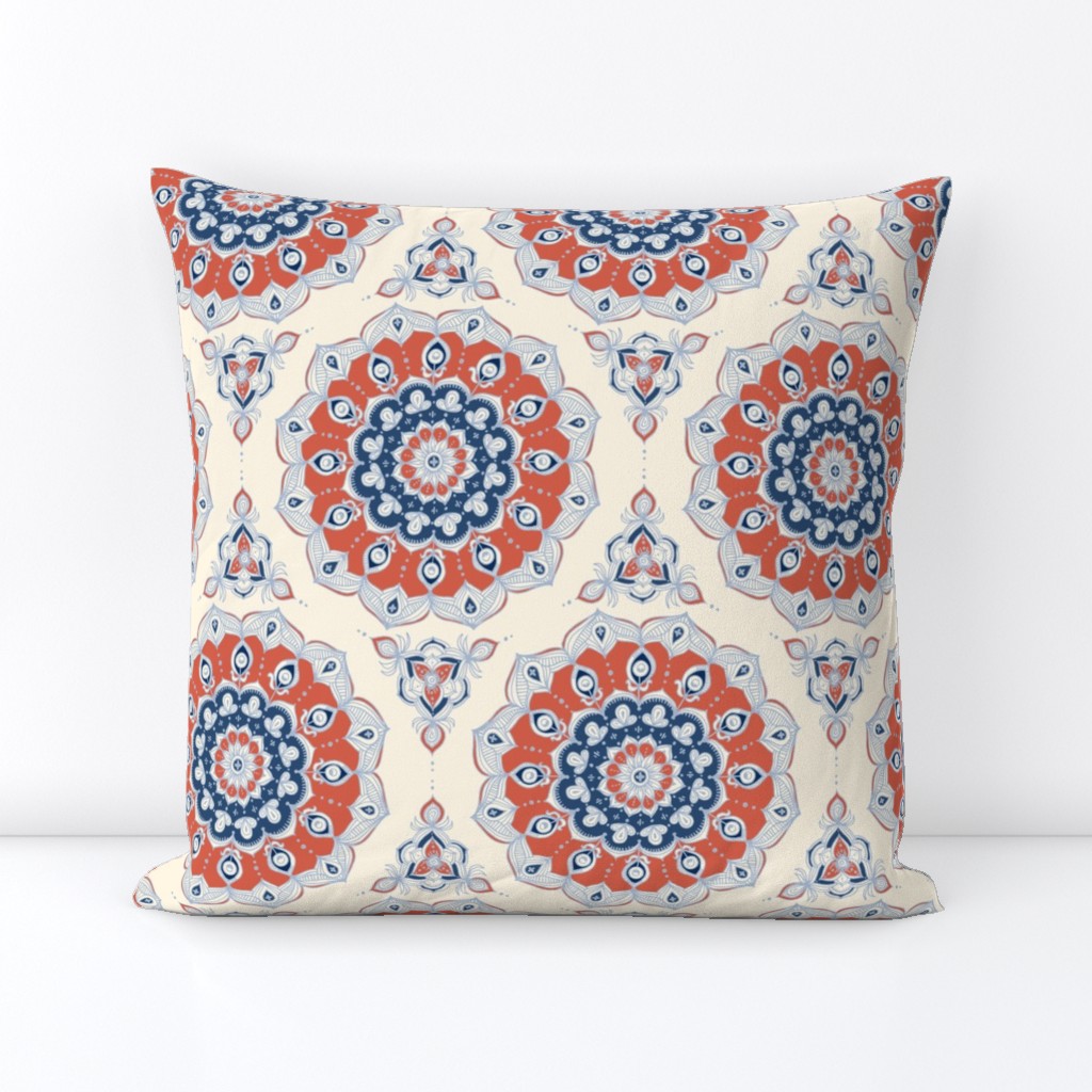 Doodled Floral Mandala in Red, Blue and Cream
