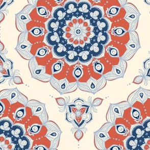 Doodled Floral Mandala in Red, Blue and Cream