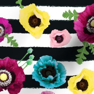 Watercolor floral stripe // horizontal stripe //  pink, teal and yellow