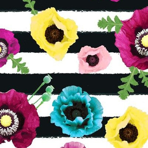 Watercolor floral stripe // horizontal stripe //  pink, teal and yellow