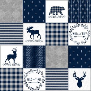 Wild and Free Woodland Patchwork (navy and gray) Cheater Quilt Blanket