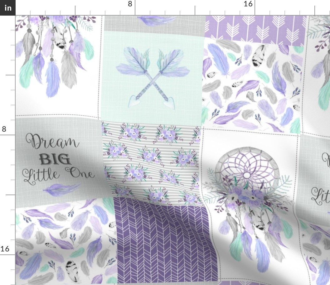 Dream Big Dream Catchers Patchwork Quilt Top – Wholecloth for Girls Purple Lavender Grey Feathers Nursery Blanket Baby Bedding