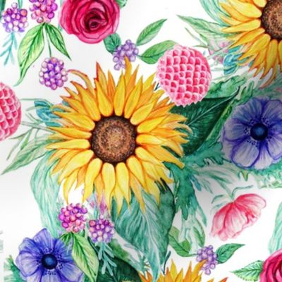 Sunflower, dahlia, rose, anemone and beauty berry floral in watercolor