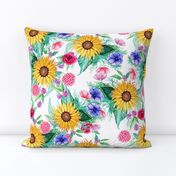 Sunflower, dahlia, rose, anemone and beauty berry floral in watercolor