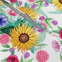 Sunflower, dahlia, rose, anemone and beauty berry floral in watercolor