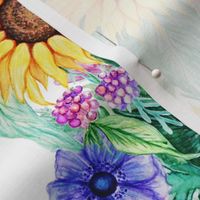 Sunflower, dahlia, rose, anemone and beauty berry floral in watercolor