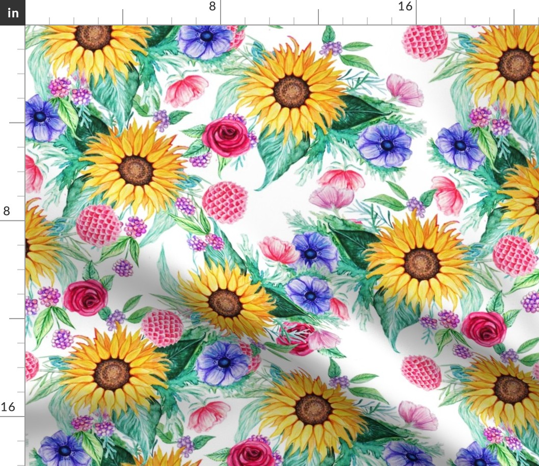 Sunflower, dahlia, rose, anemone and beauty berry floral in watercolor