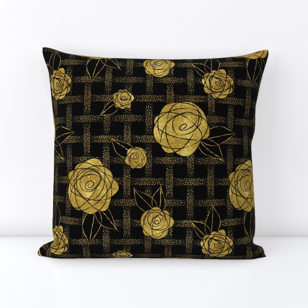 Roses on Dots Basket Weave ~ Gold Black