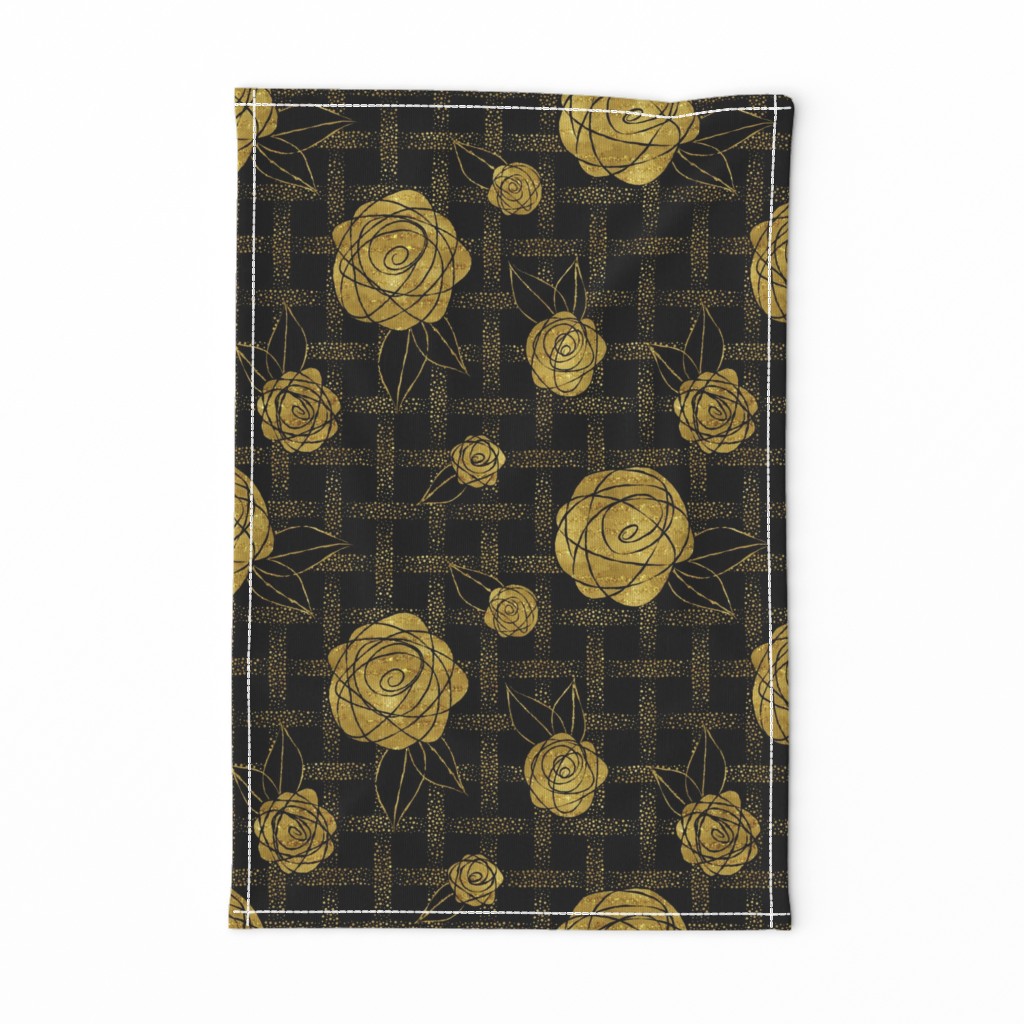 Roses on Dots Basket Weave ~ Gold Black