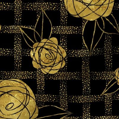 Roses on Dots Basket Weave ~ Gold Black