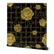 Roses on Dots Basket Weave ~ Gold Black